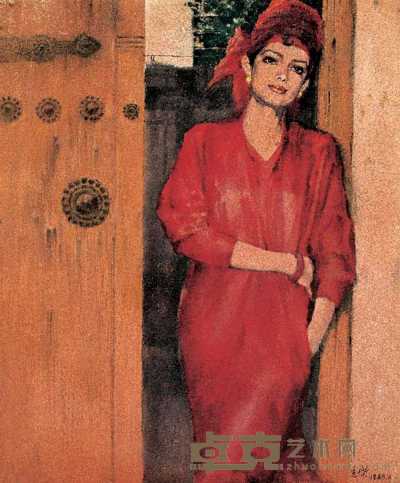 汪志杰 1988年作 倚门的维吾尔女人 73×63cm
